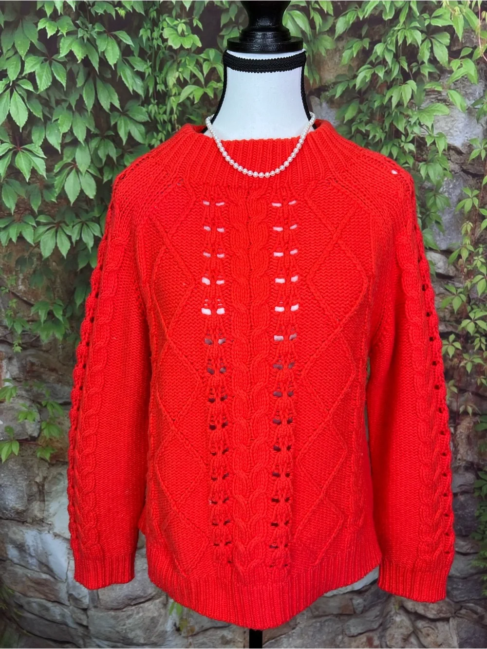 J. CREW Orange/Red Cable Knit Preppy Coastal Crewneck Sweater, M